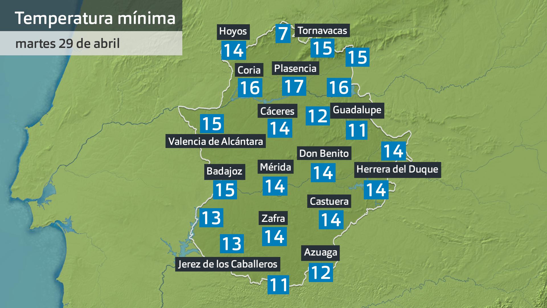 Temperatura mínima martes 29 de abril. Datos hasta las 6:30 h. Aemet, Meteoclimatic et al.