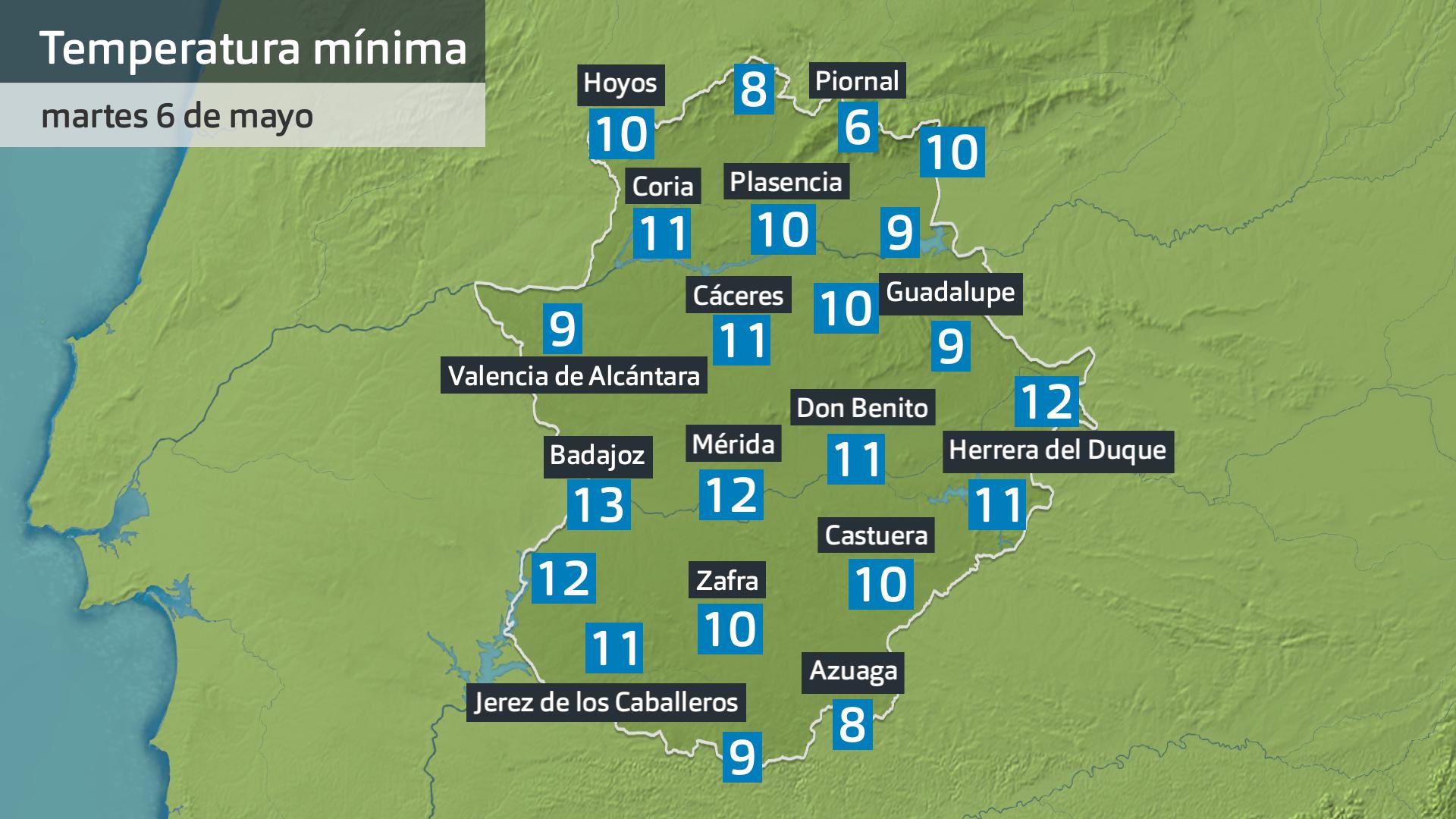 Temperatura mínima martes 6 de mayo. Datos hasta las 6:30 h. Aemet, Meteoclimatic et al.