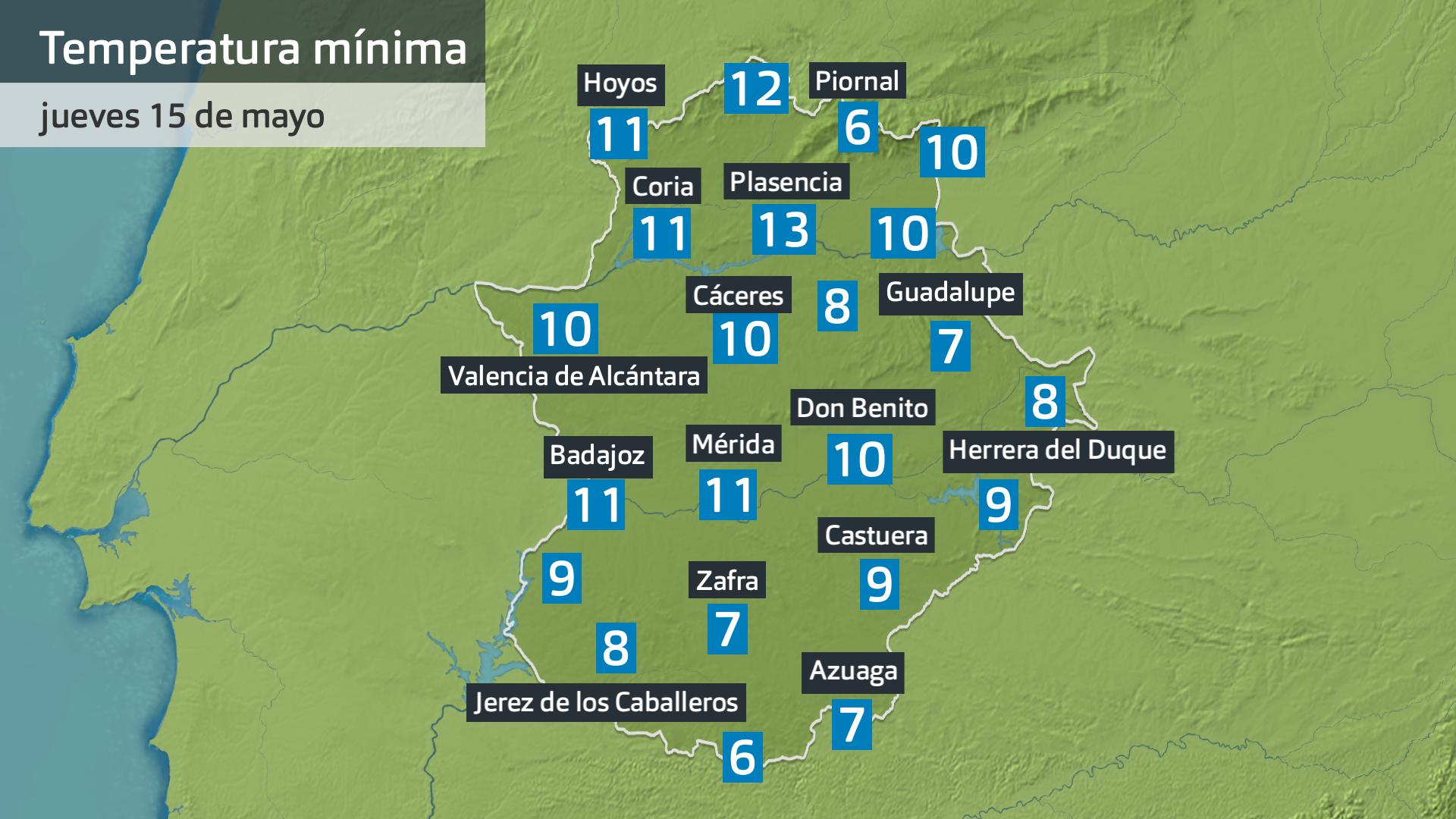 Temperatura mínima jueves 15 de mayo. Datos hasta las 6:30 h. Aemet, Meteoclimatic et al.