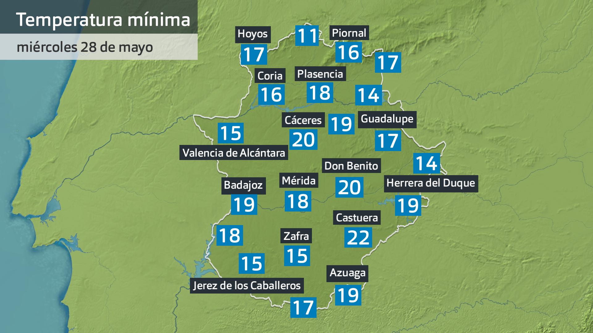 Temperatura mínima miércoles 28 de mayo. Datos hasta las 6:30 h. Aemet, Meteoclimatic et al.
