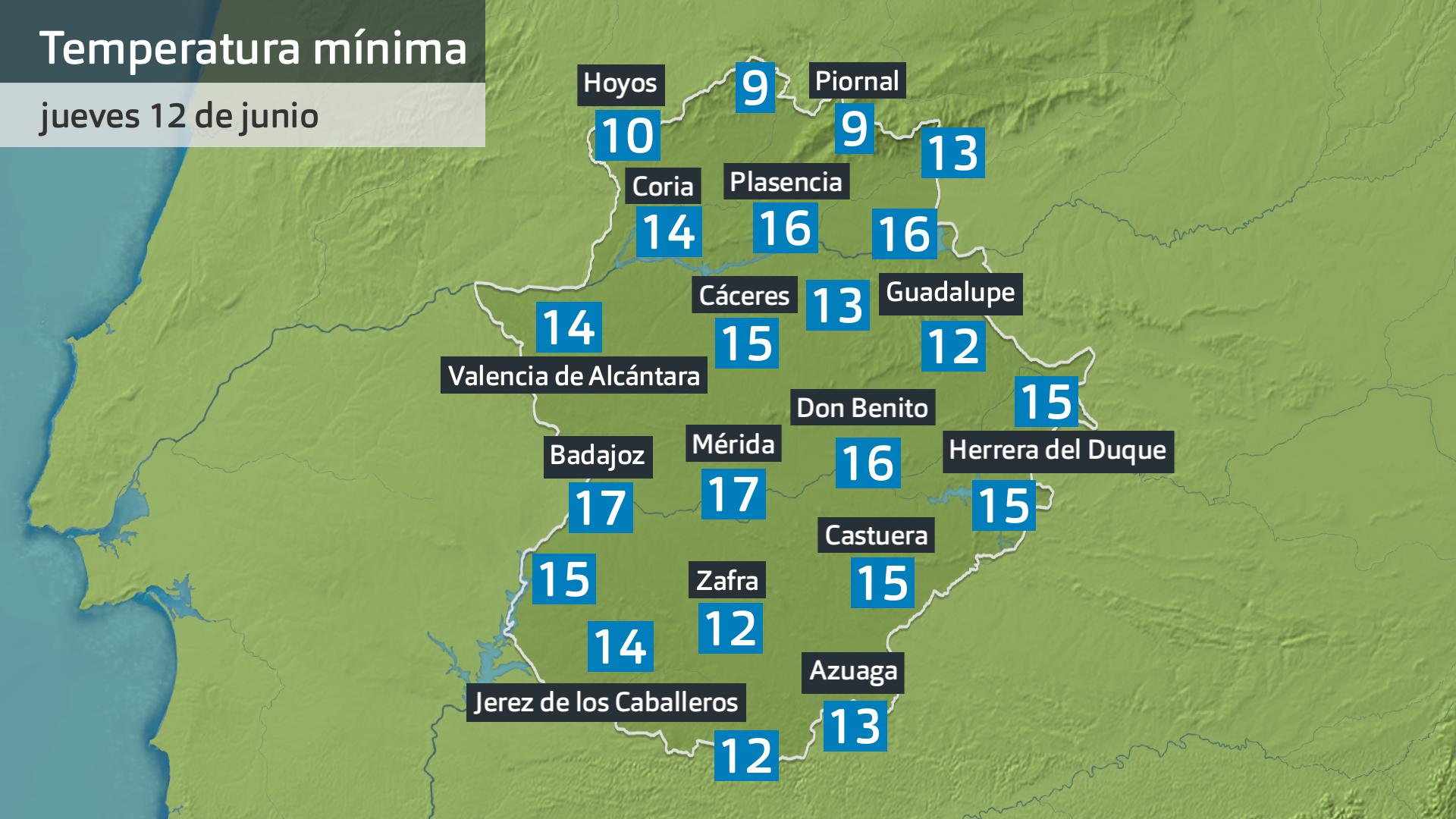 Temperatura mínima jueves 12 de junio. Datos hasta las 6:30 h. Aemet, Meteoclimatic et al.