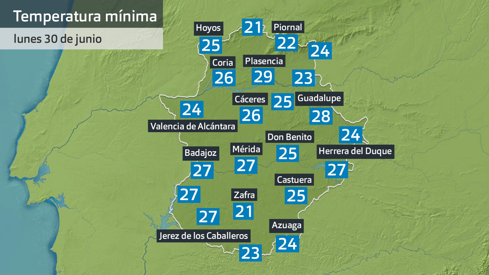 Temperatura mínima lunes 30 de junio. Datos hasta las 6:30 h. Aemet, Meteoclimatic et al.