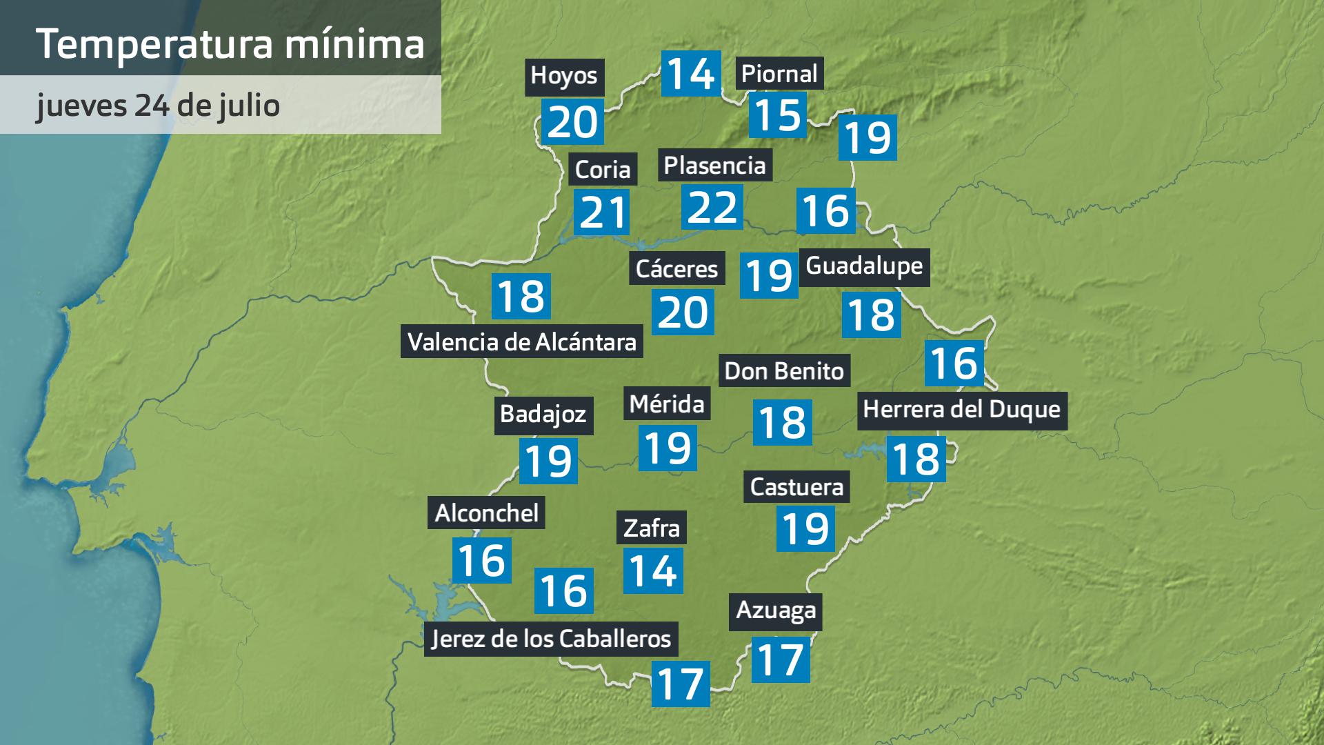 Temperatura mínima jueves 24 de julio. Datos hasta las 6:30 h. Aemet, Meteoclimatic et al.