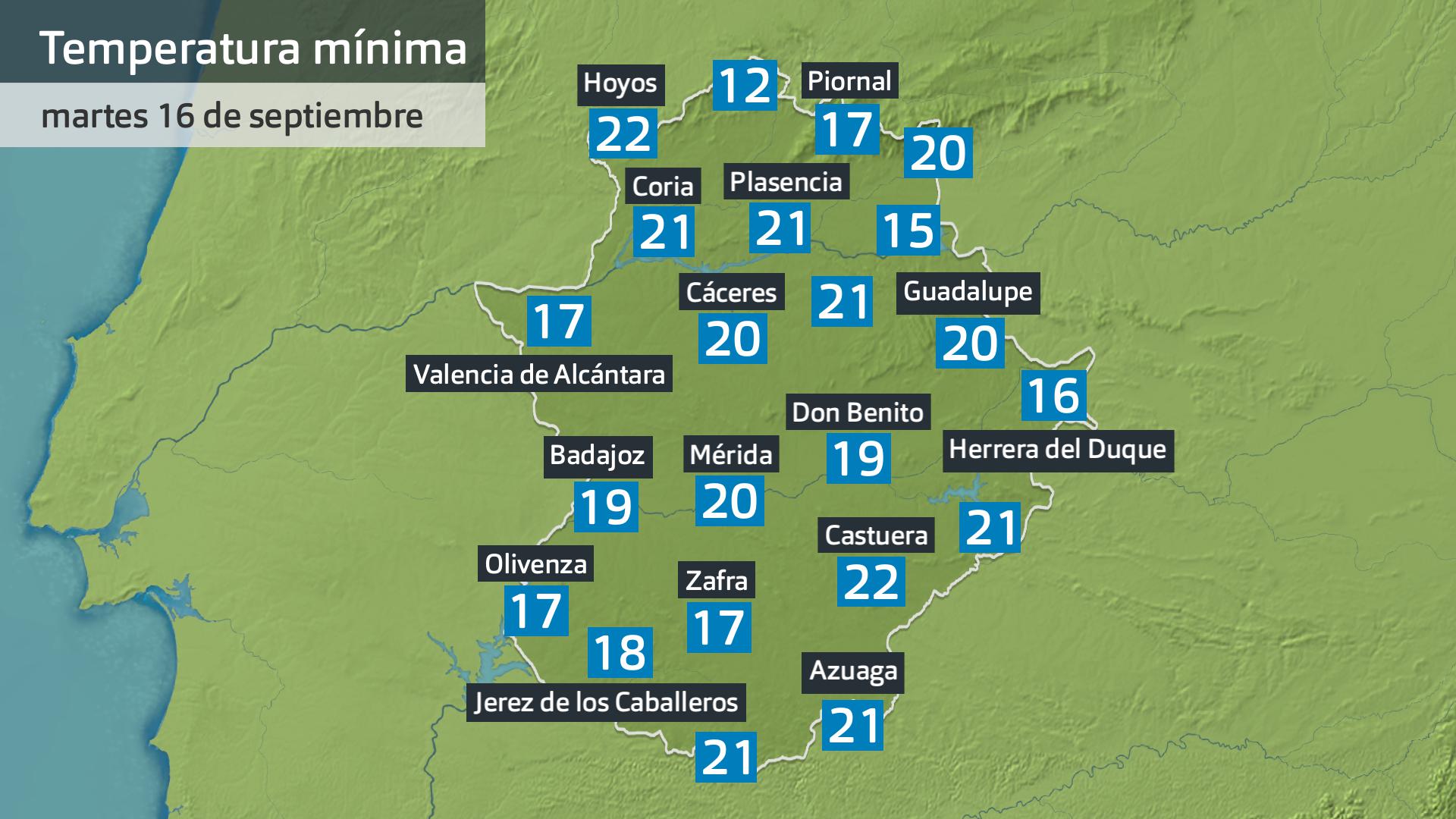 Temperatura mínima martes 16 de septiembre. Datos hasta las 6:30 h. Aemet, Meteoclimatic et al.