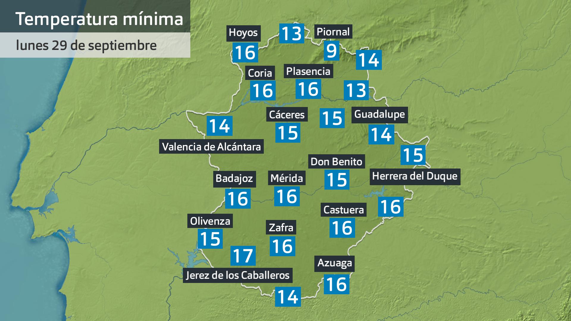 Temperatura mínima lunes 29 de septiembre. Datos hasta las 6:30 h. Aemet, Meteoclimatic et al.