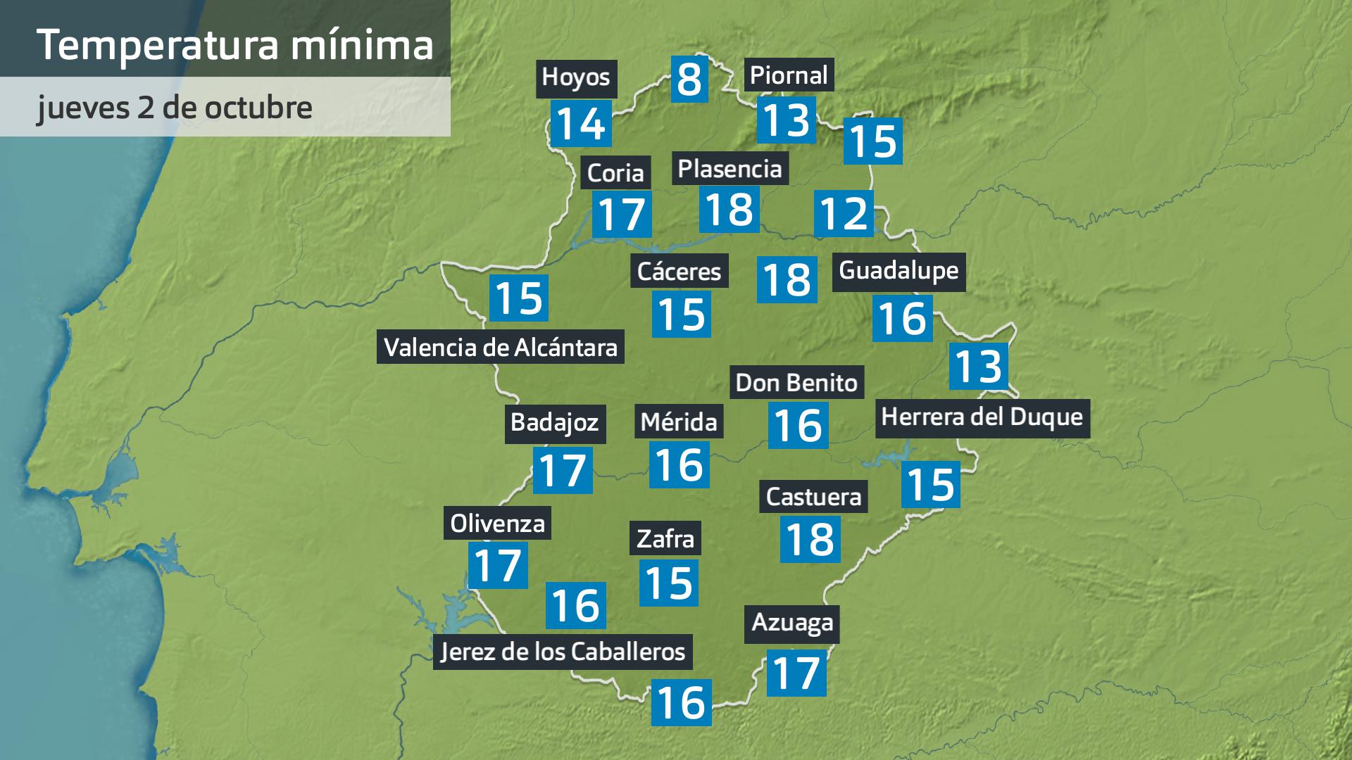 Temperatura mínima jueves 2 de octubre. Datos hasta las 6:30 h. Aemet, Meteoclimatic et al.