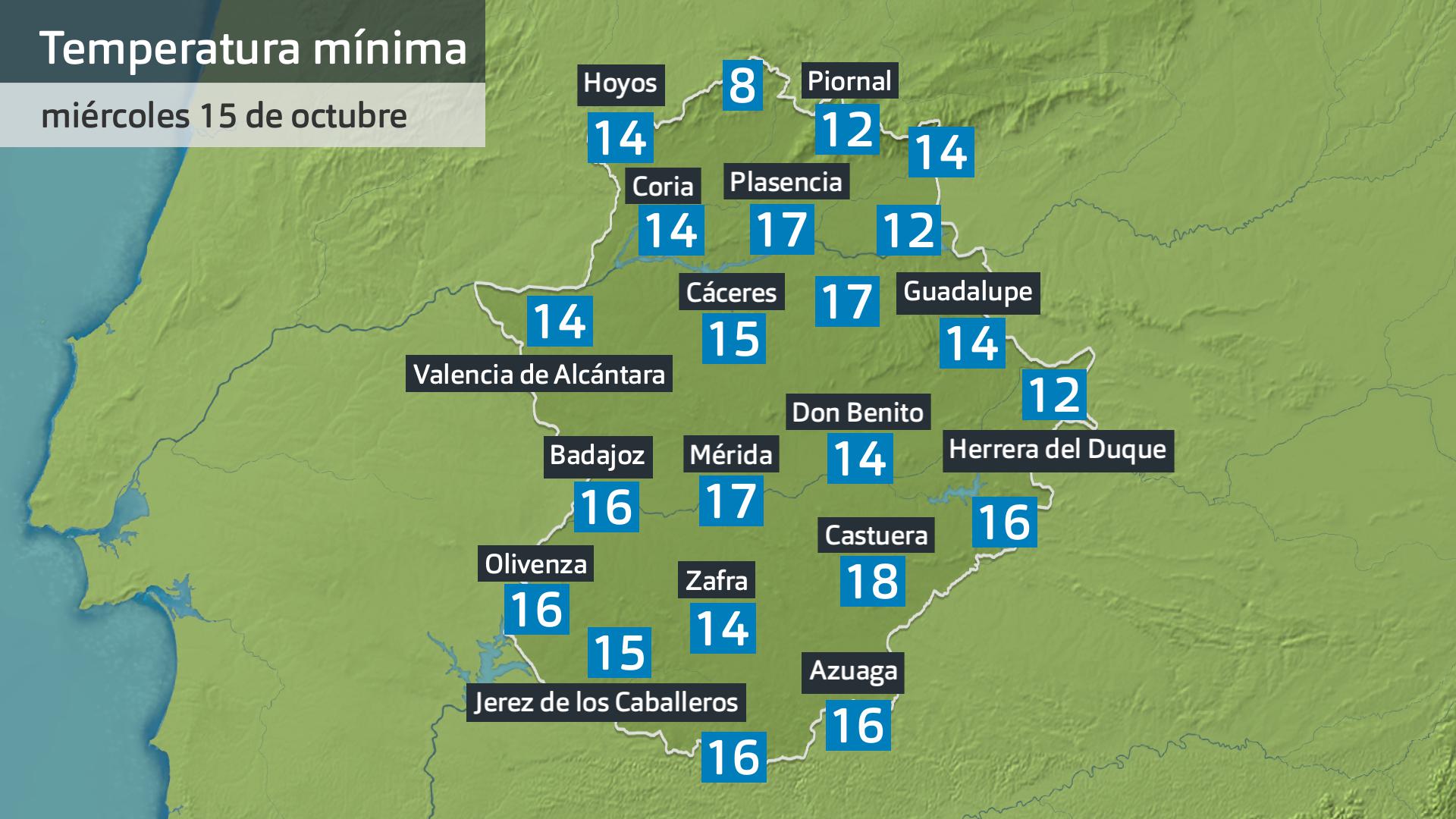 Temperaturamínima miércoles 15 de octubre. Datos hasta las 6:30 h. Aemet, Meteoclimatic et al.