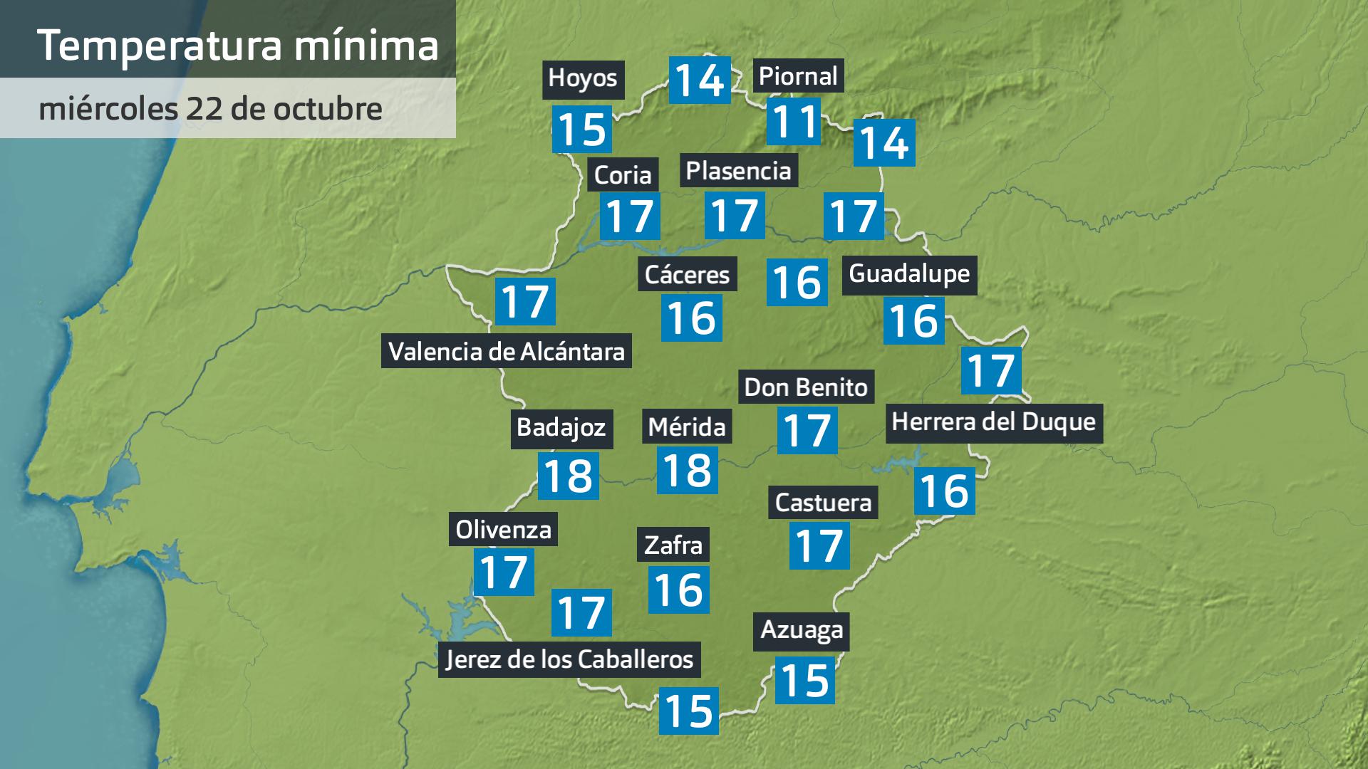 Temperatura mínima miércoles 22 de octubre. Datos hasta las 6:30 h. Aemet, Meteoclimatic et al.