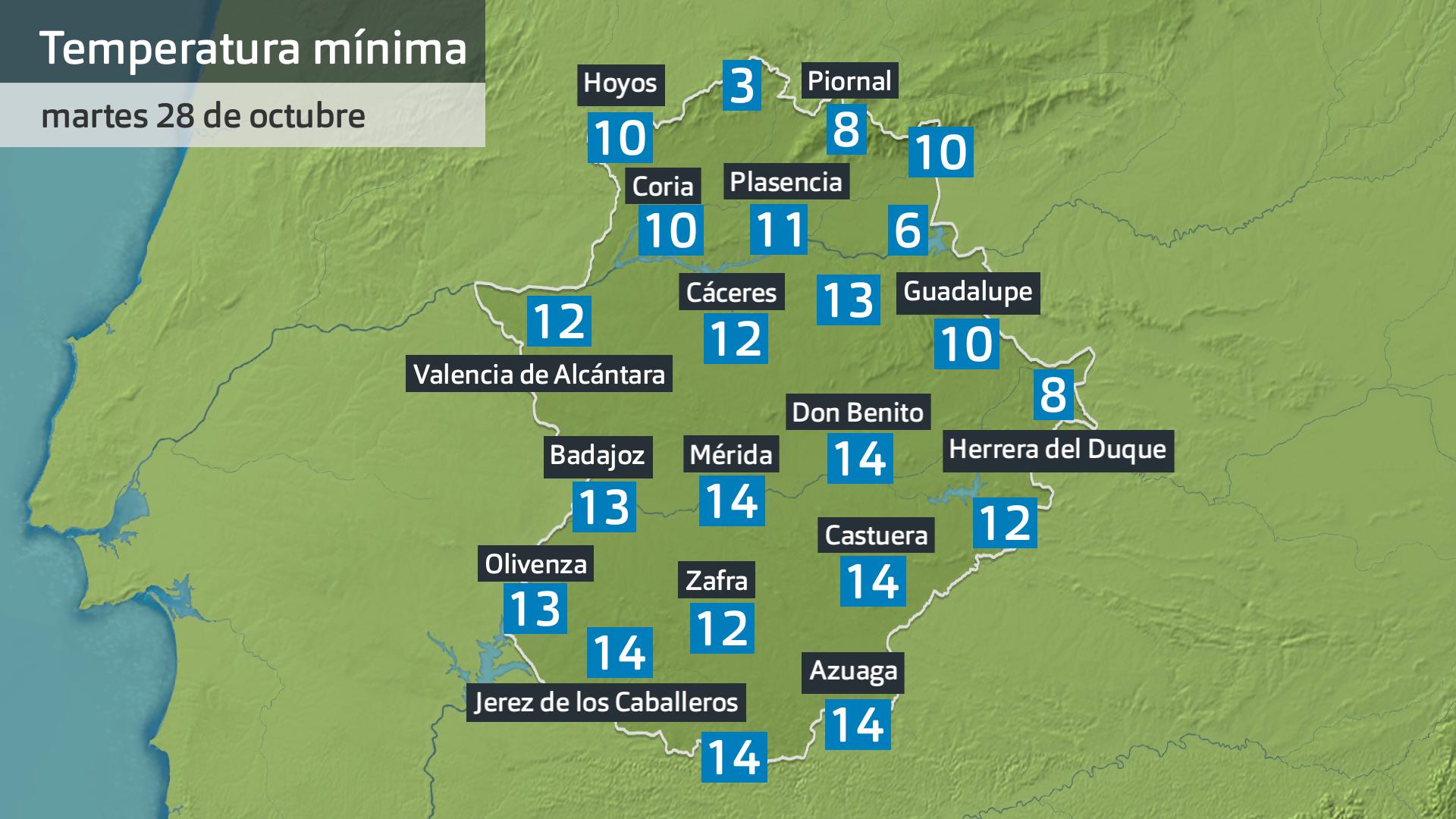 Temperatura mínima martes 28 de octubre. Datos hasta las 6:30 h. Aemet, Meteoclimatic et al.
