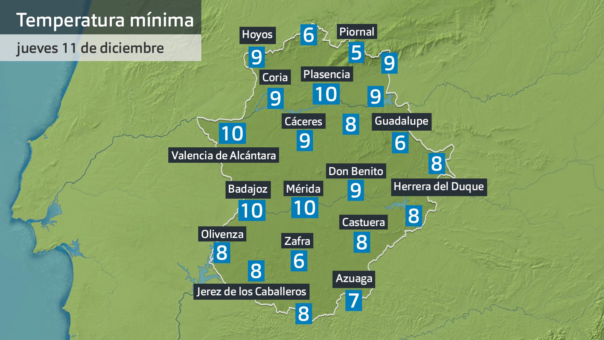 Temperatura mínima jueves 11 de diciembre. Datos hasta las 6 h. Aeme, Meteoclimatic et al.