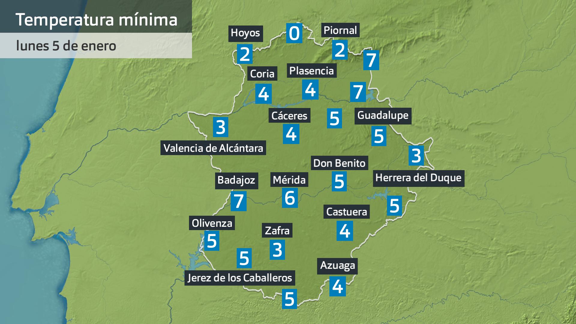 Temnperatura mínima lunes 5 de enero. Datos hasta las 6 h. Aemet, Meteoclimatic et al.