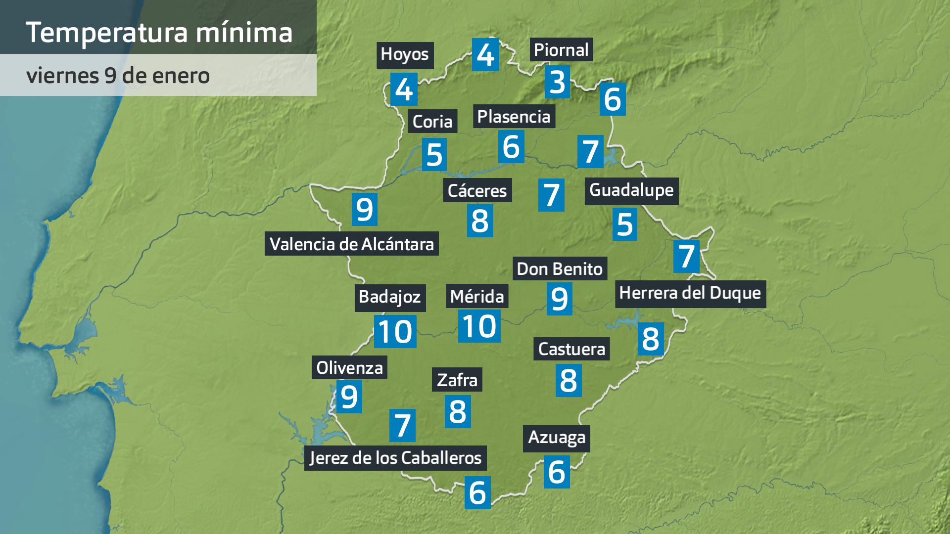 Temperatura mínima viernes 9 de enero. Datos hasta las 6 h. Aemet, Meteoclimatic et al.