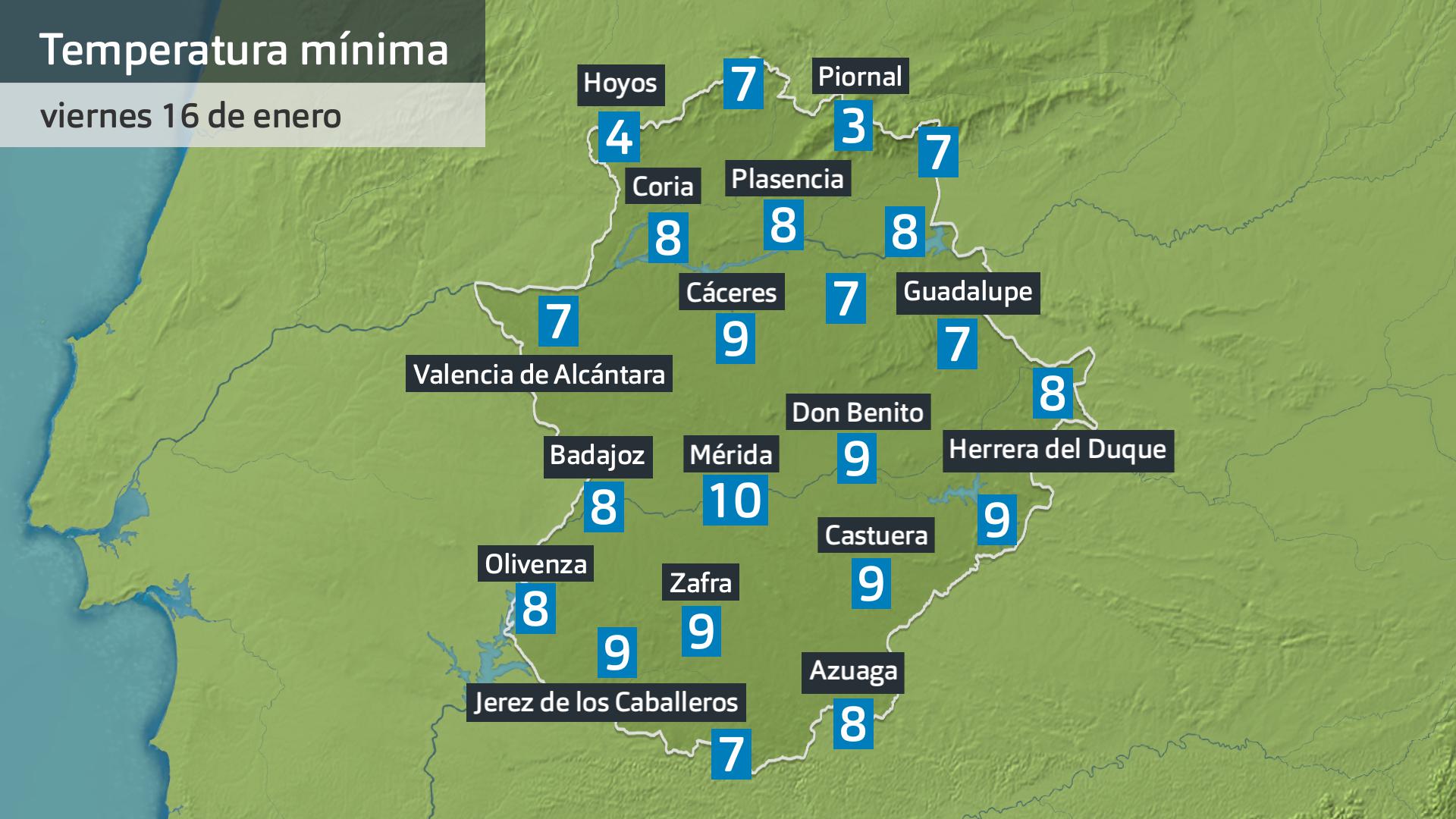 Temperatura mínima viernes 16 de enero. Datos hasta las 6 h. Aemet, Meteoclimatic et al.
