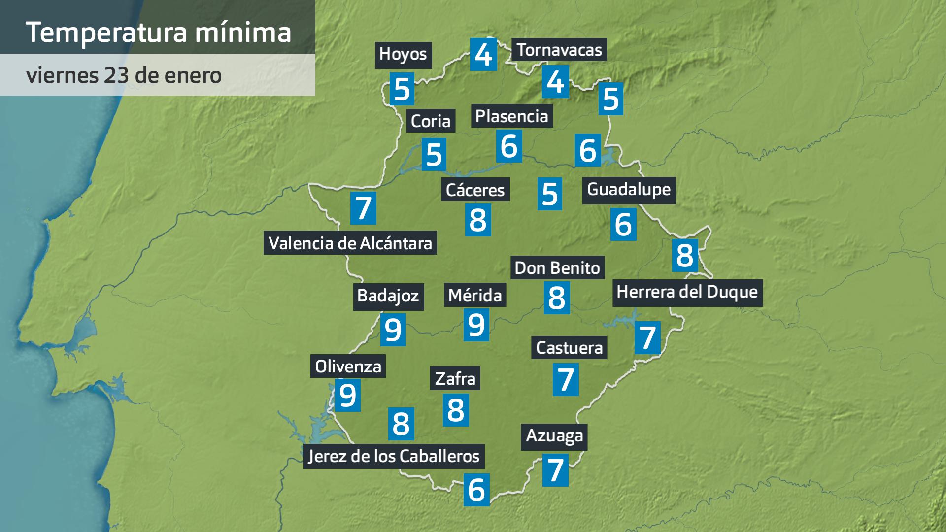 Temperatura mínima viernes 23 de enero hasta las 6 h. Datos Aemet, Meteoclimatic et al.