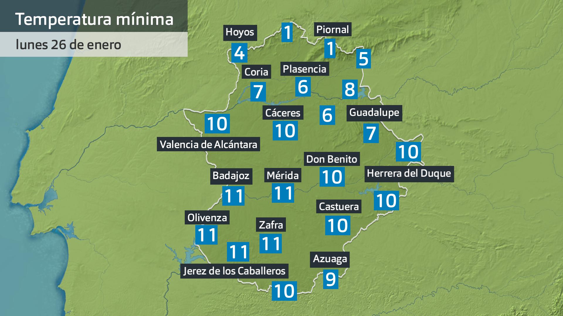 Temperatura mínima lunes 26 de enero. Datos hasta las 6 h. Aemet, Meteoclimatic et al.
