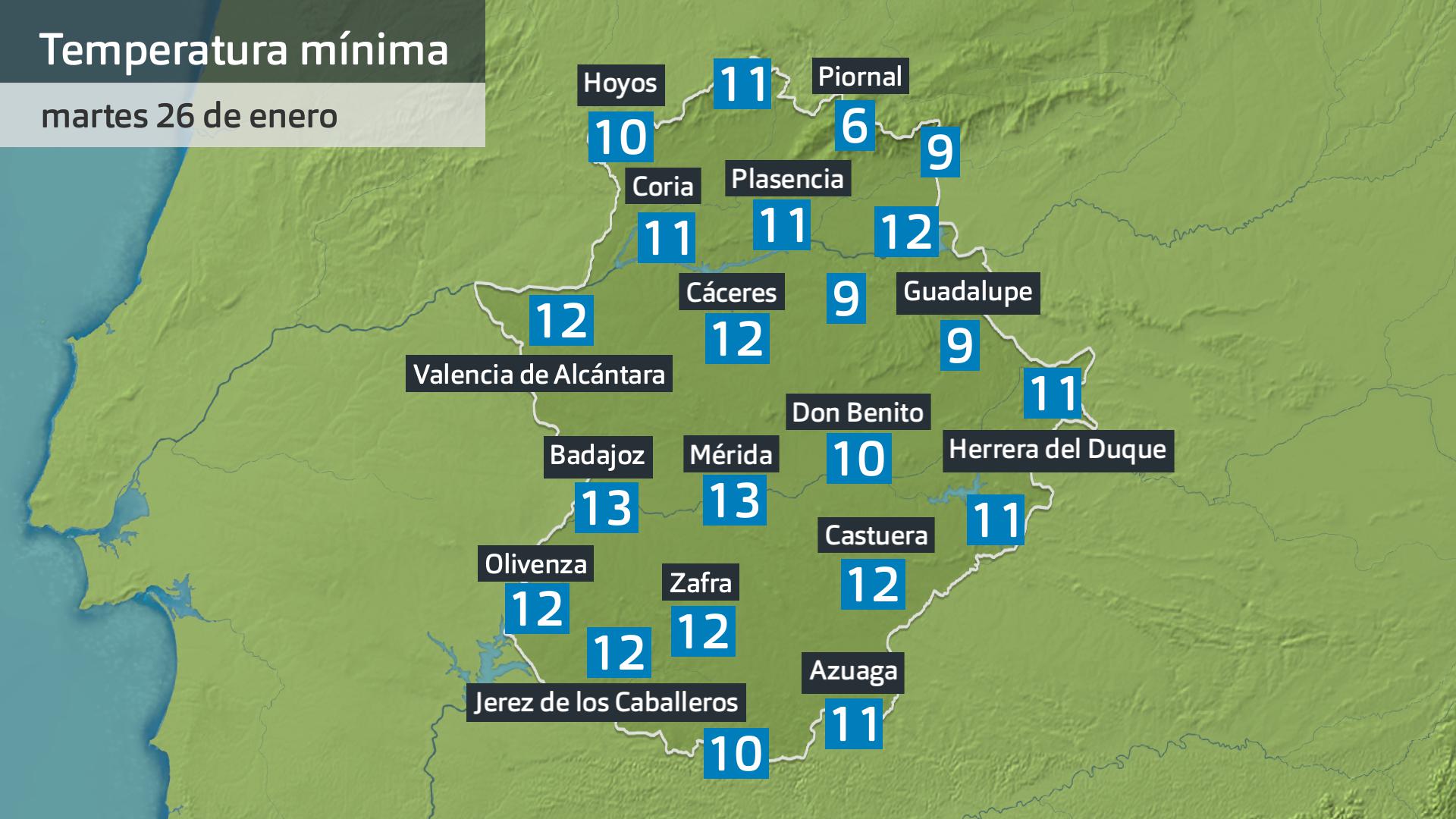 Temperatura a las 6 h. de hoy martes 27 de enero, Datos Aemet, Meteoclimatic et al.