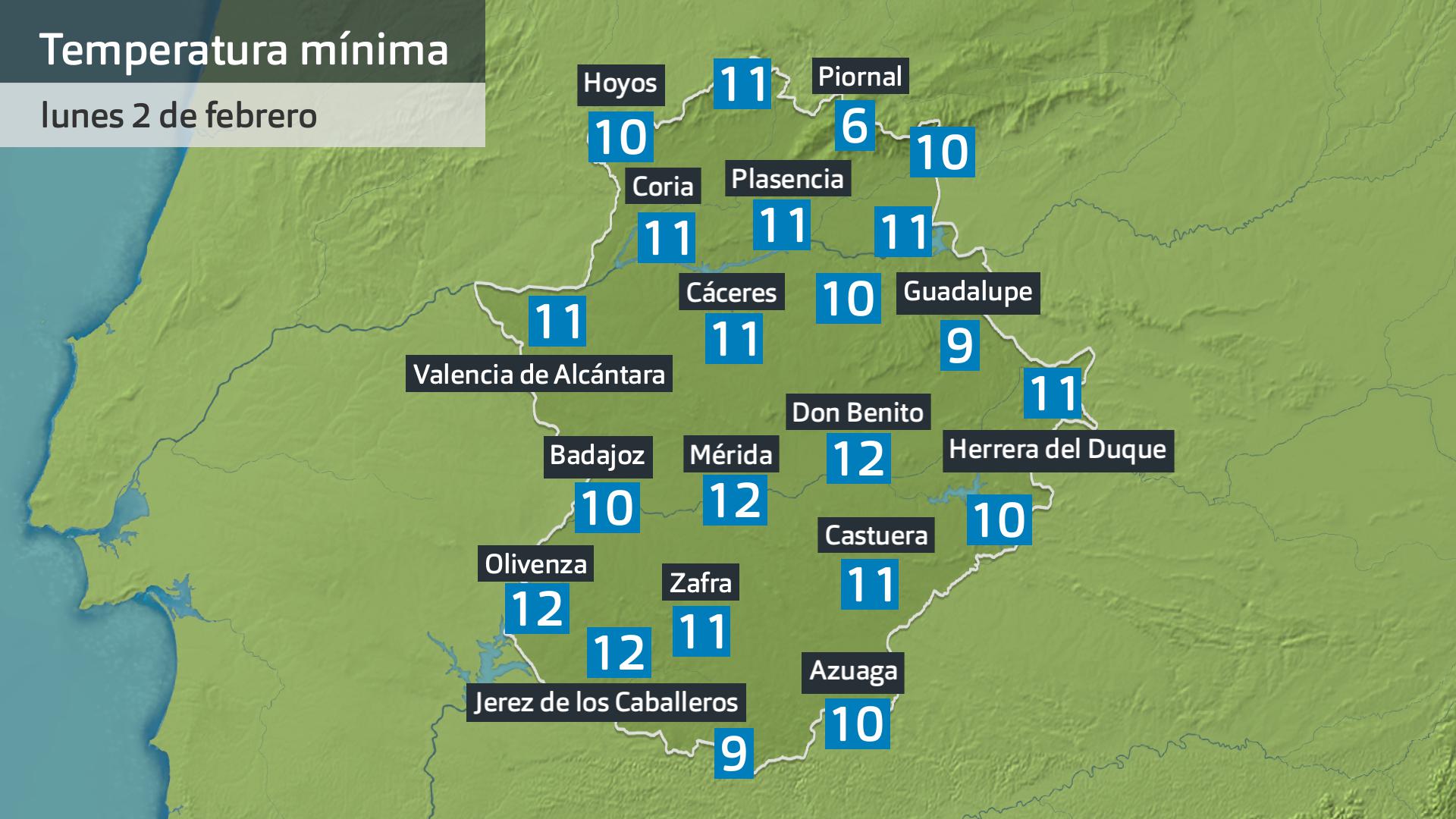 Temperatura mínima lunes 2 de febrero. Datos hasta las 6 h. Aemet, Meteoclimatic et al.