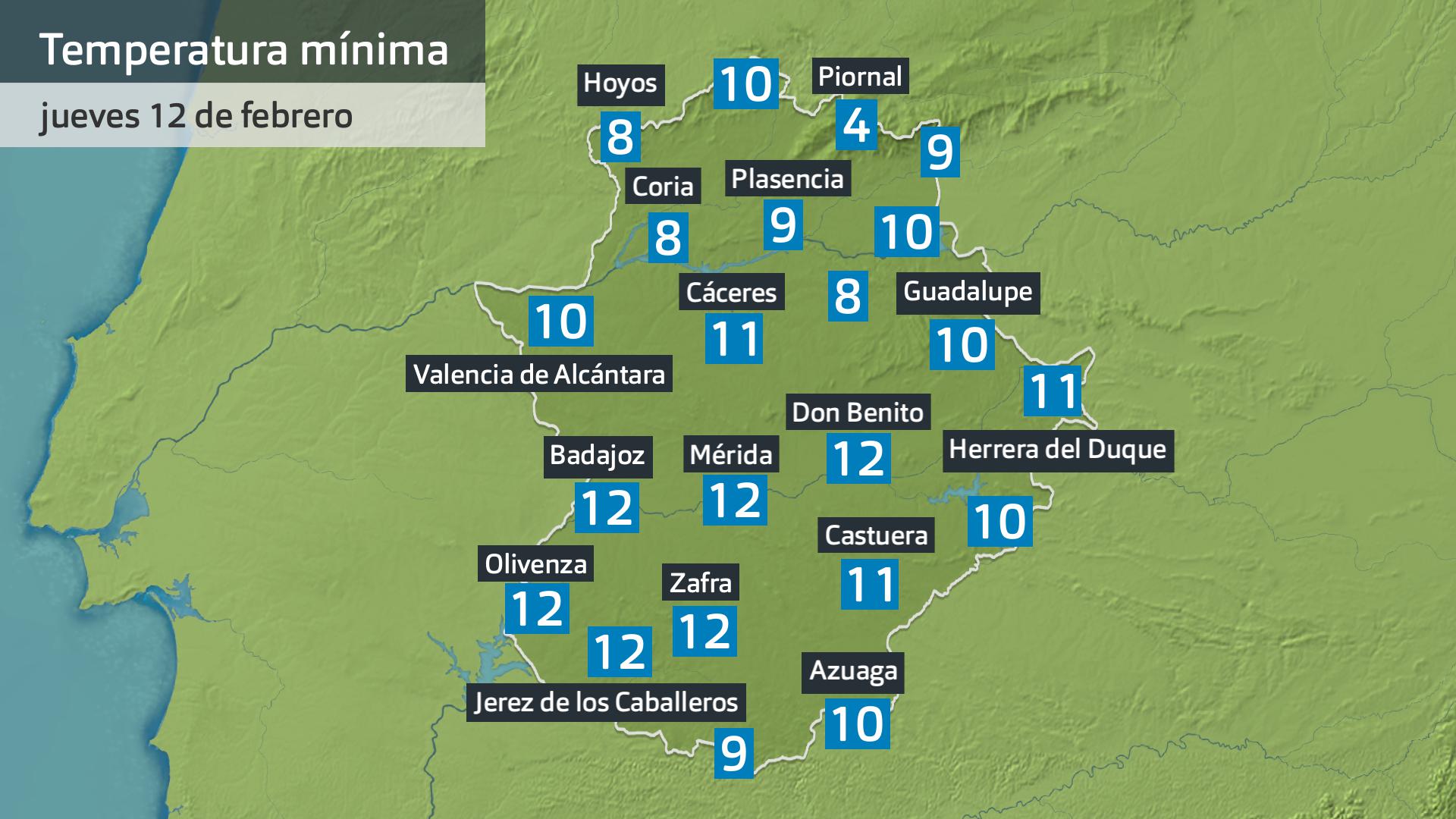 Temperatura mínima jueves 12 de febrero. Datos hasta las 6 h. Aemet, Meteoclimatic et al.