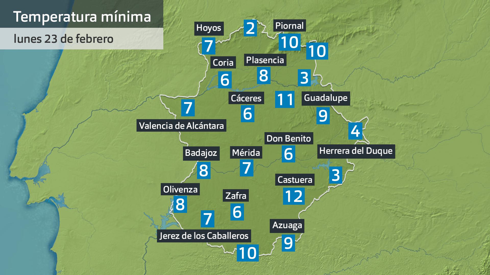 Temperatura mínima lunes 23 de febrero. Datos hasta las 6 h. Aemet, Meteoclimatic et al.