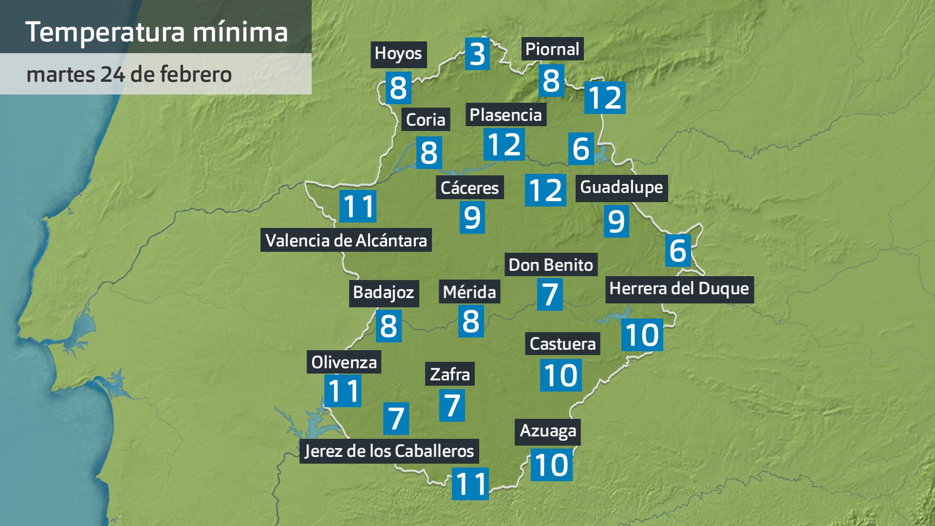 Temperatura mínima martes 24 de febrero. Datos hasta las 6 h Aemet, Meteoclimatic et al.