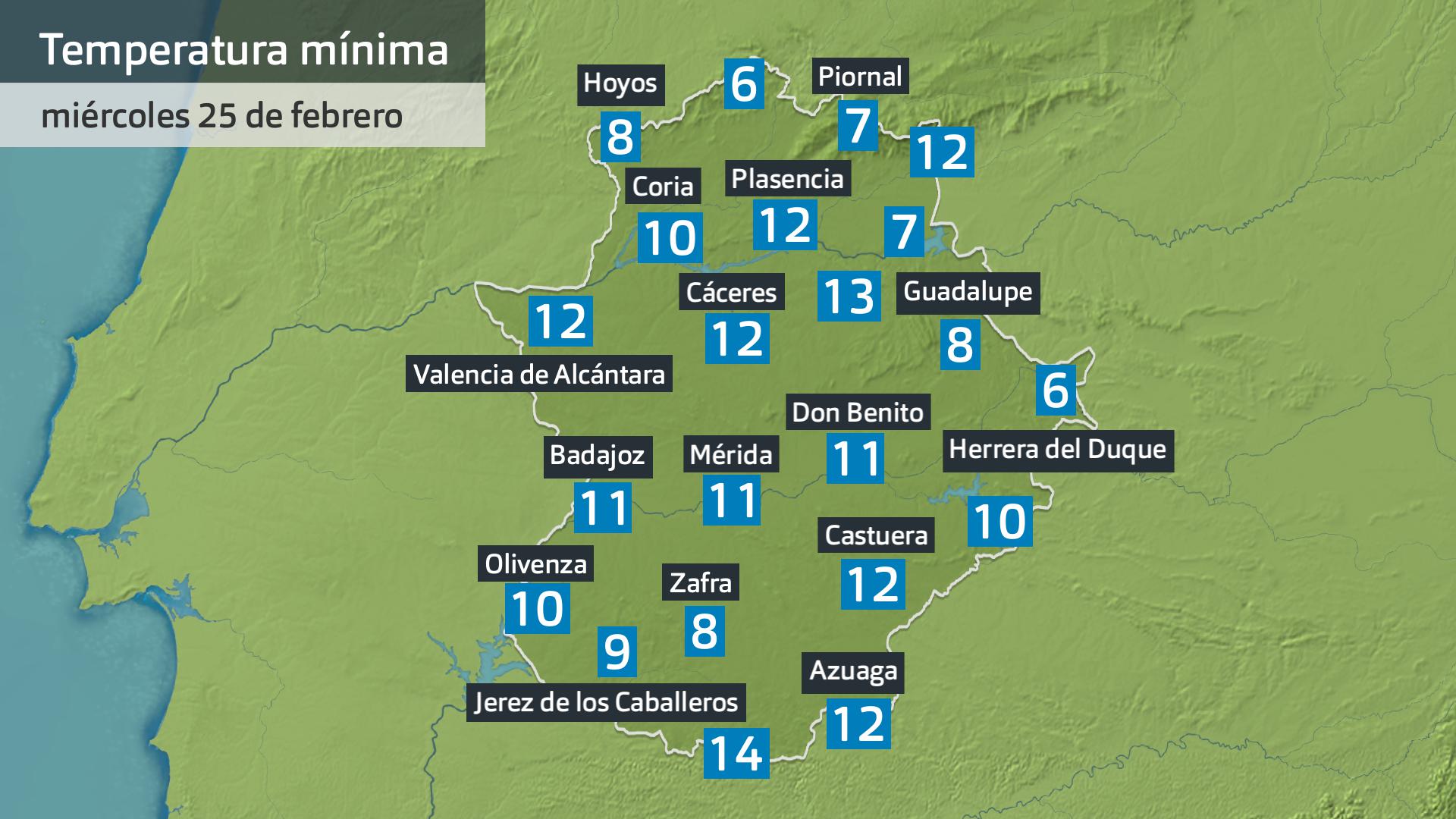 Temperatura mínima miércoles 25 de febrero. Datos hasta las 6 h. Aemet, Meteoclimatic et al.