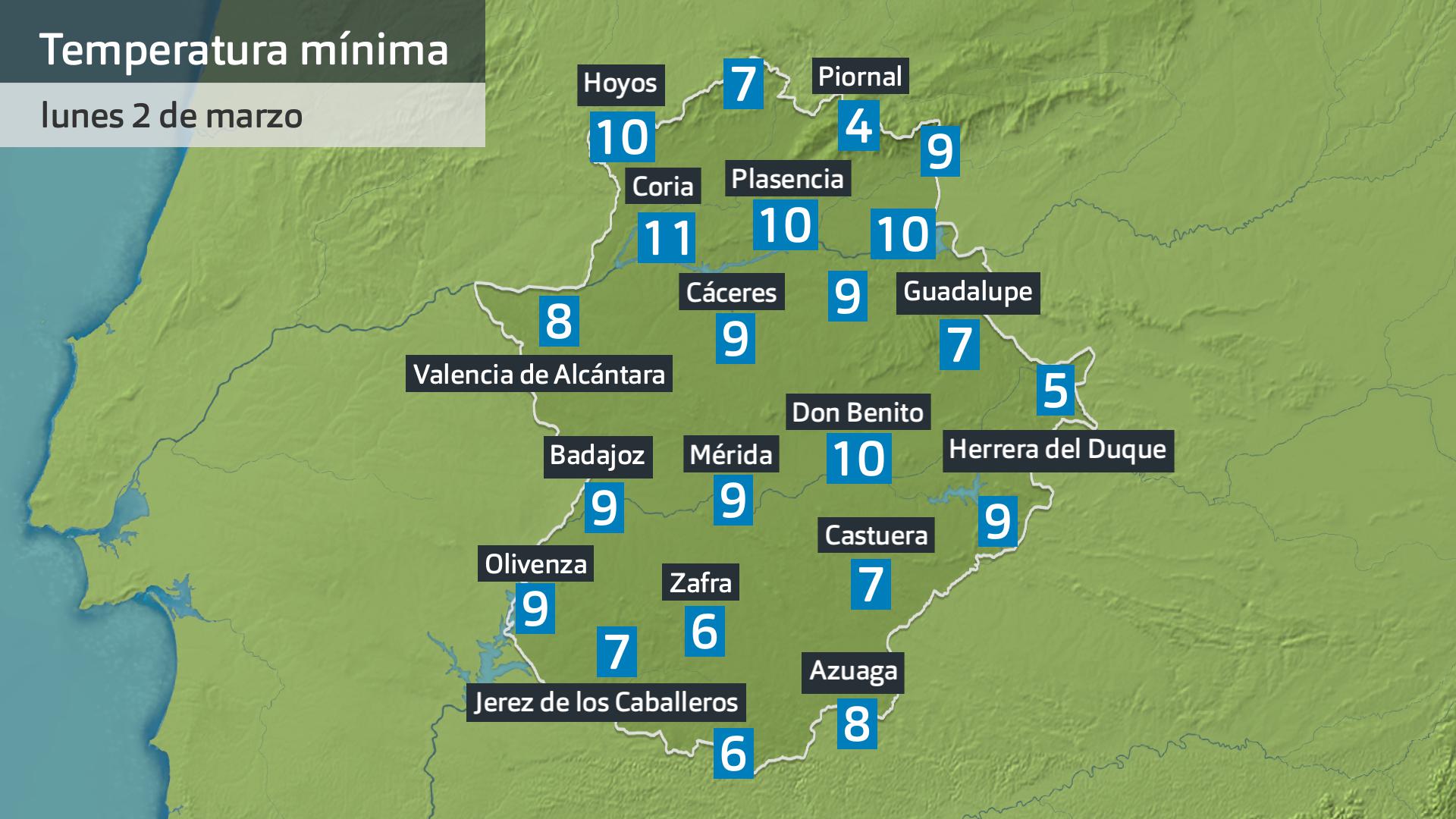 Temperaturamínima lunes 2 de marzo. Datos hasta las 6 h. Aemet, Meteoclimatic et al.