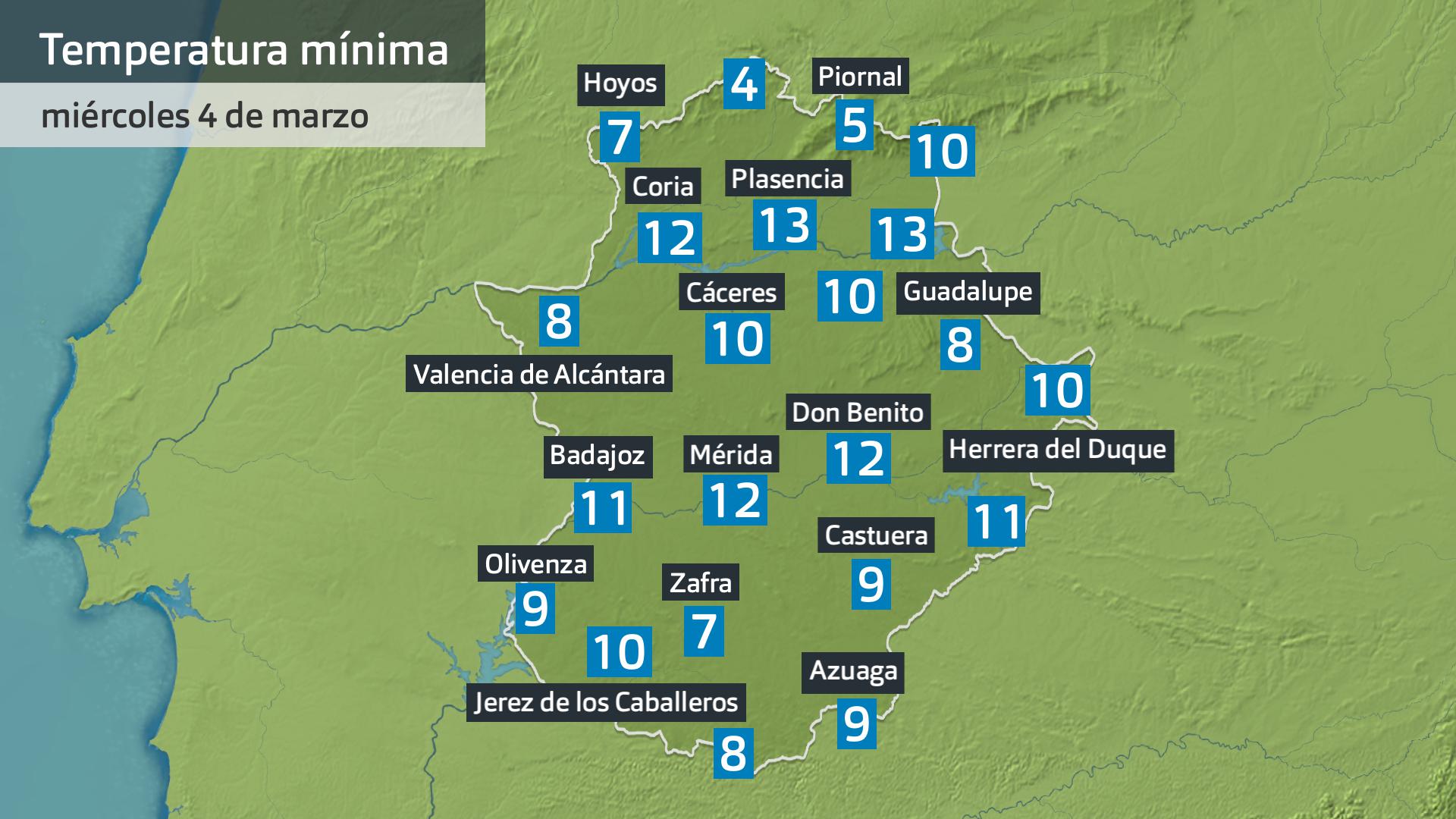 Temperatura mínima miércoles 4 de marzo. Datos hasta las 6 h. Aemet, Meteoclimatic et al.