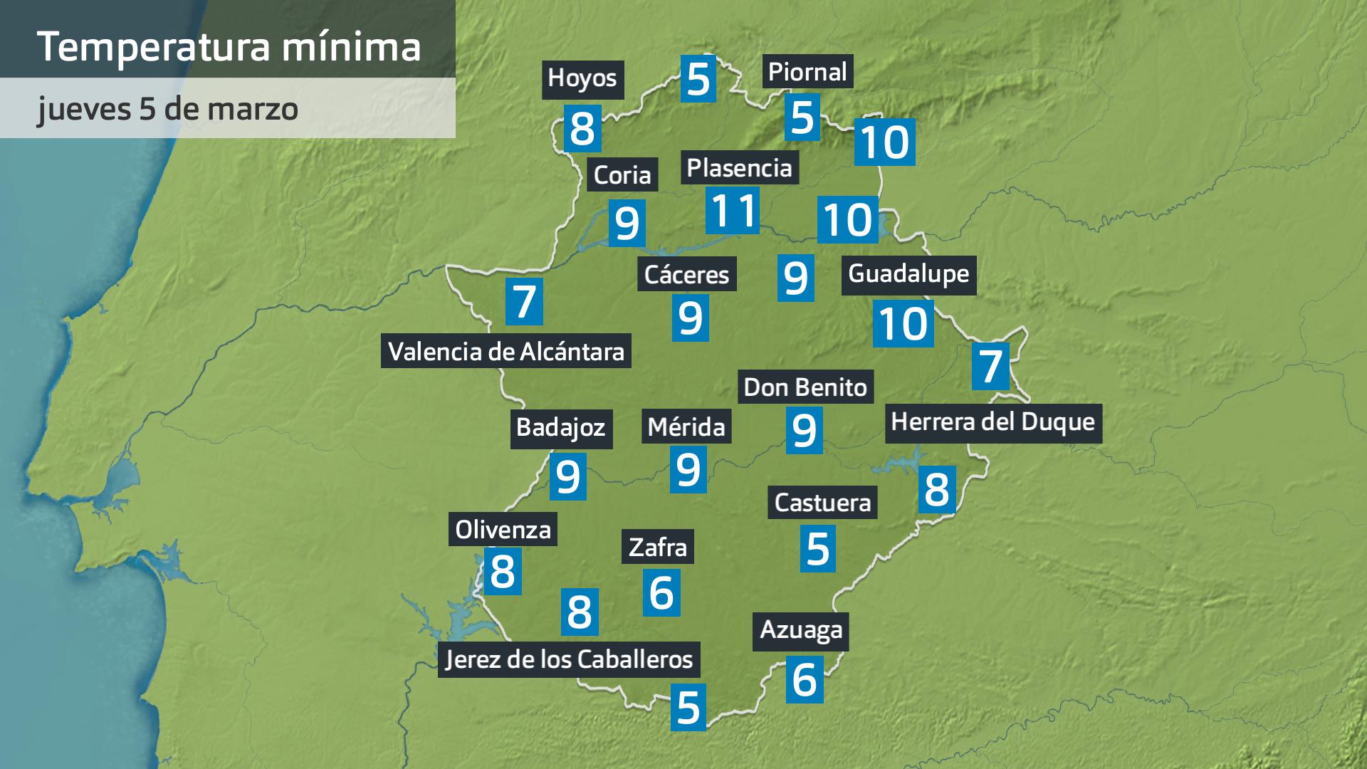 Temperatura mínima jueves 5 de marzo. Datos hasta las 6 h. Aemet, Meteoclimatic et al.