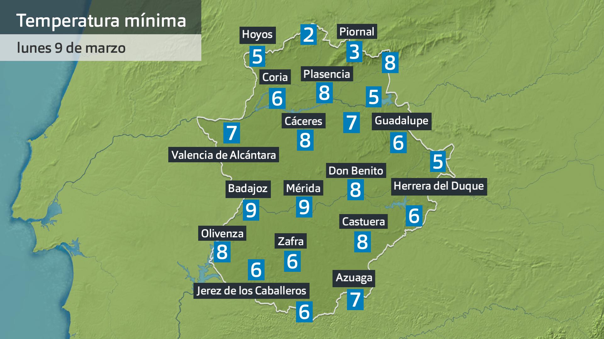 Temperatura mínima lunes 9 de marzo. Datos hasta las 6 h. Aemet, Meteoclimatic et al.