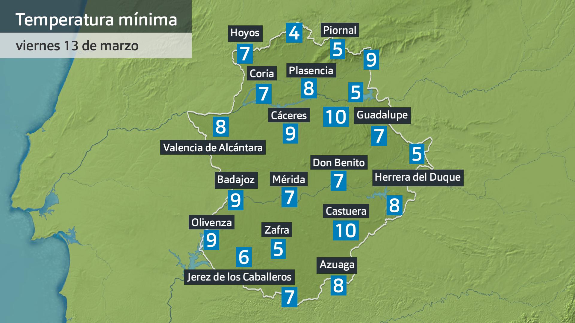 Temperatura mínima viernes 13 de marzo. Datos hasta las 6 h. Aemet, Meteoclimatic et al.