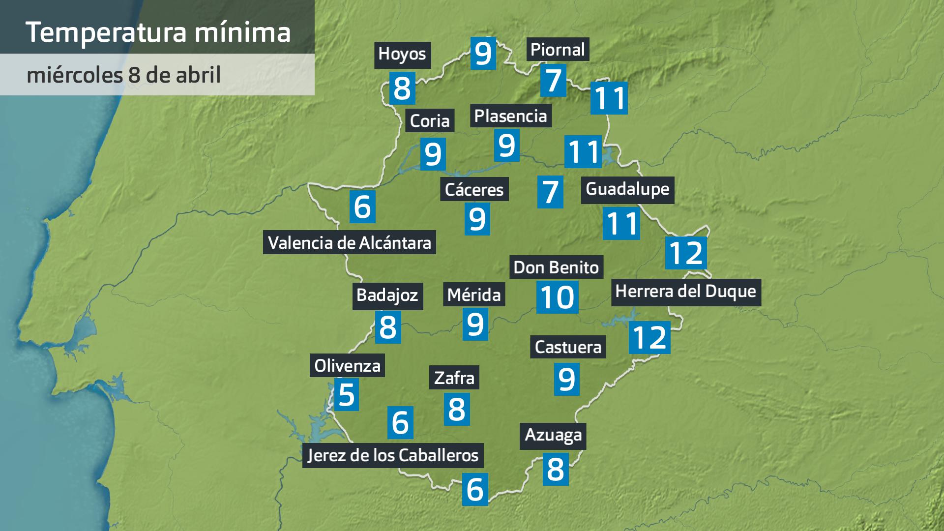 Temperatura mínima miércoles 8 de abril. Datos hasta las 6:30 h. Aemet, Meteoclimatic et al.