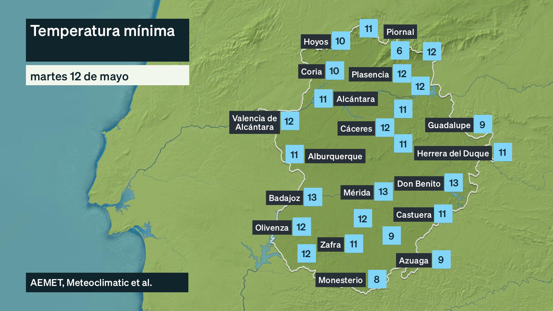 Temperatura mínima martes 12 de mayo. Datos hasta las 6:30 h. Aemet, Meteoclimatic et al.