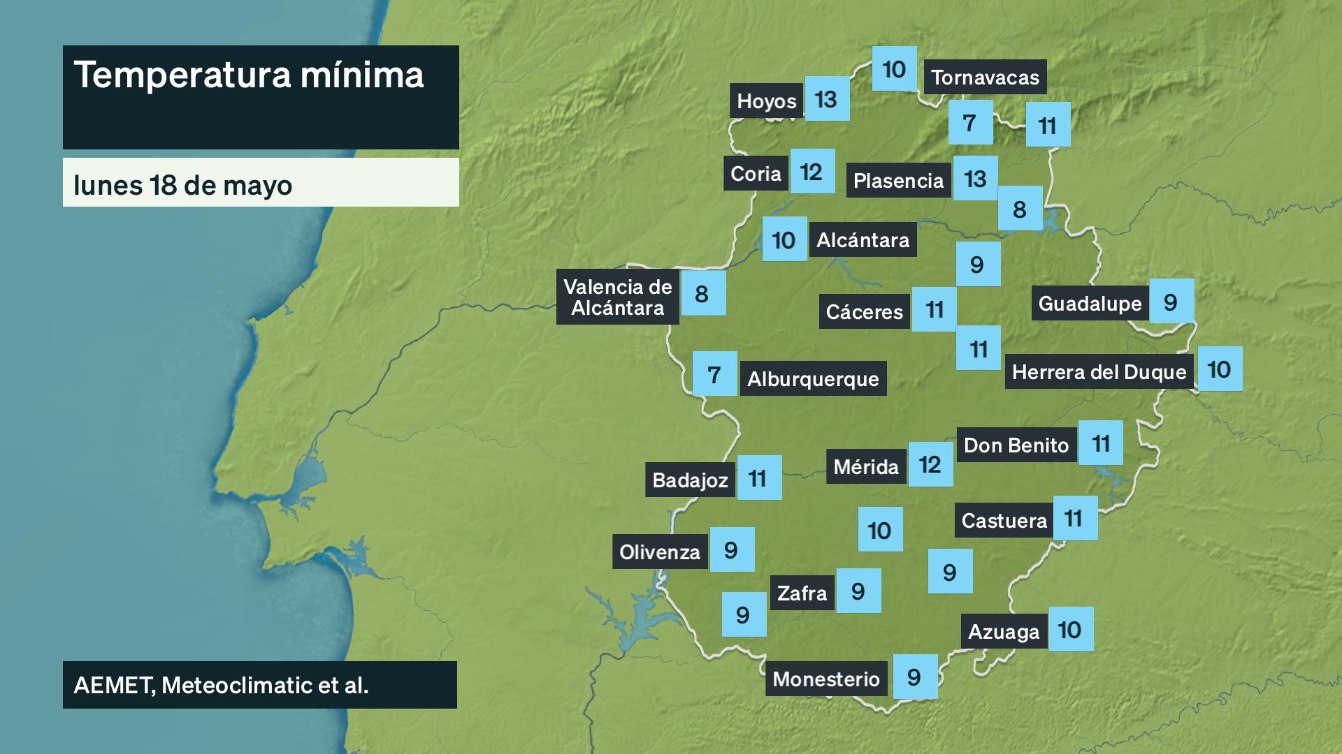 Temperatura mínima lunes 18 de mayo. Datos hasta las 6:30 h. Aemet, Meteoclimatic et al.