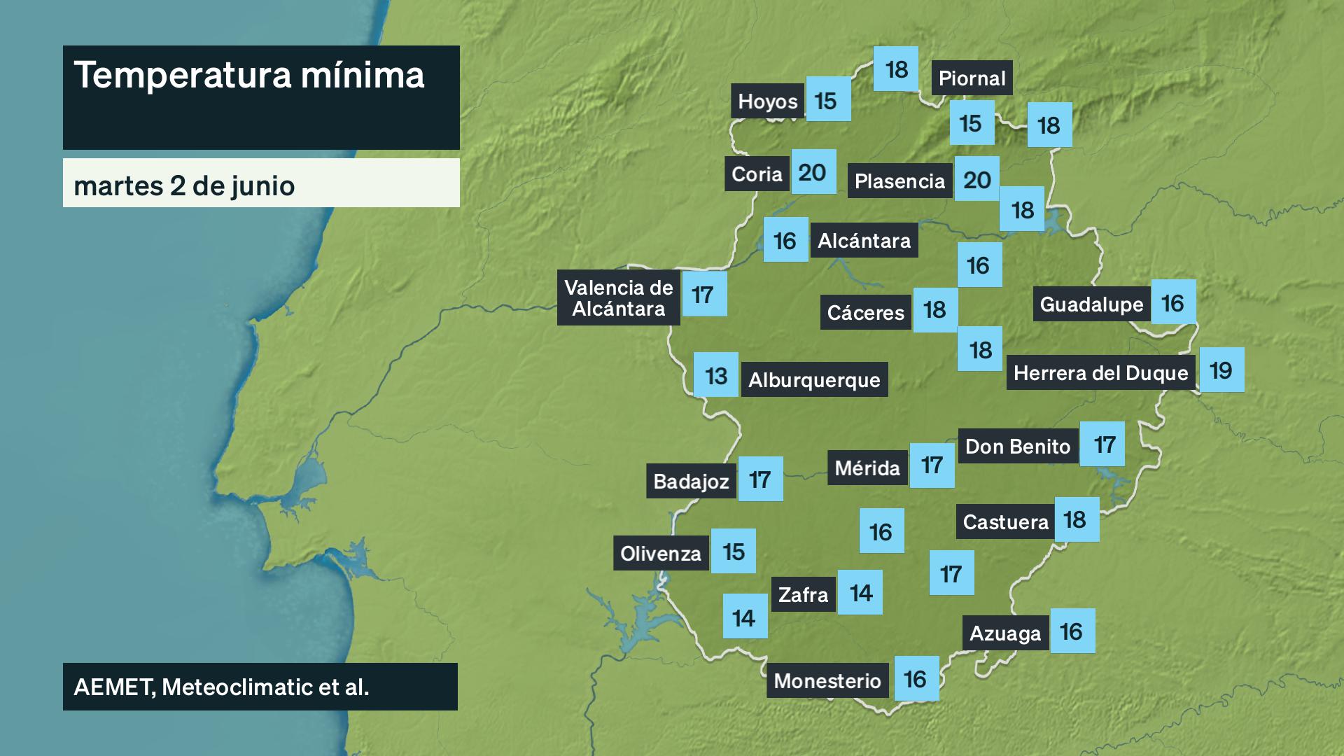 Temperatura mínima martes 2 de junio. Datos hasta las 6:30 h. Aemet, Meteoclimatic et al.