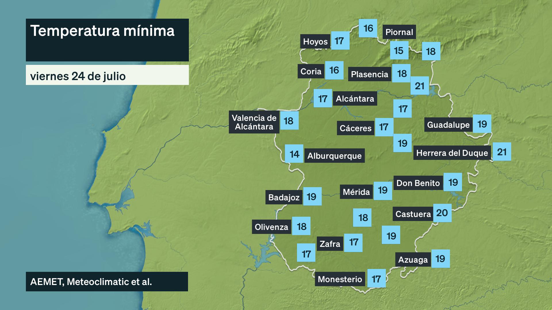 Temperatura mínima vierns 24 de julio. Datos hasta las 6:30 h. Aemet, Meteoclimatic et al.