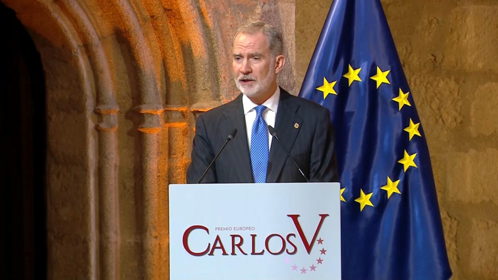 El Rey Felipe VI durante su intervención en la entrega del Premio Carlos V