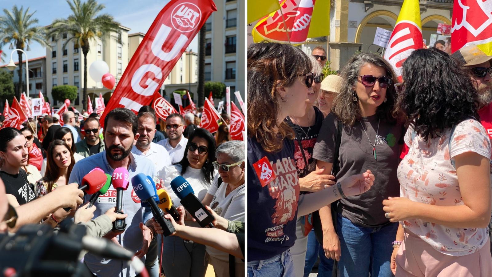 Álvaro Sánchez Cotrina (PSOE) e Irene de Miguel (Unidas por Extremadura) en la manifestación del 1 de Mayo