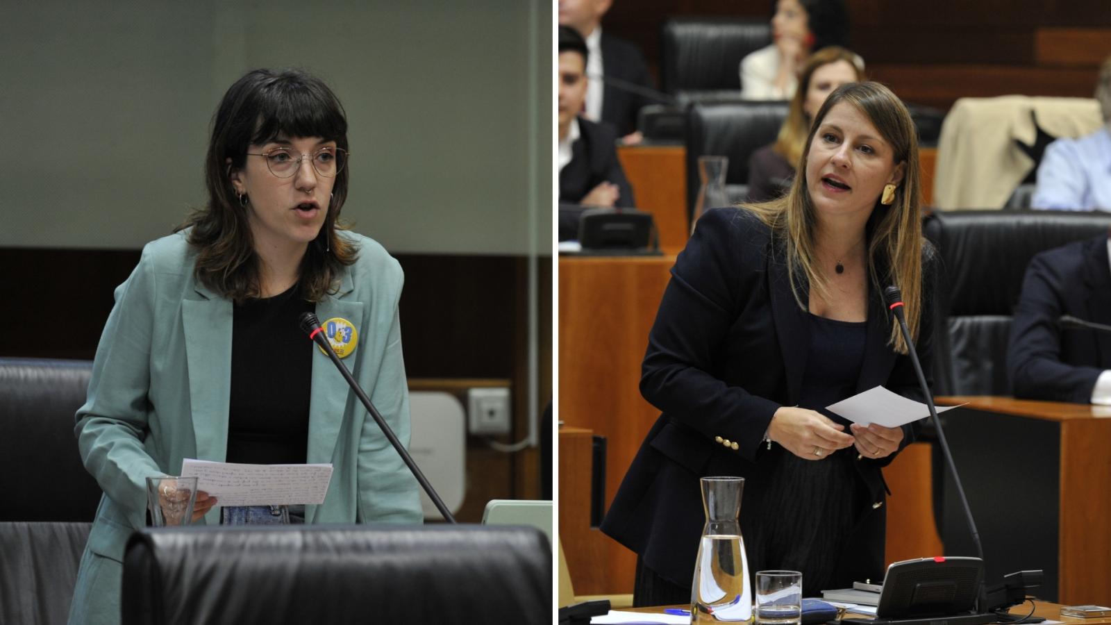 A la izquierda, la diputada de Unidas por Extremadura, Nerea Fernández, y a la derecha, la consejera de Educación, Sandra Valencia