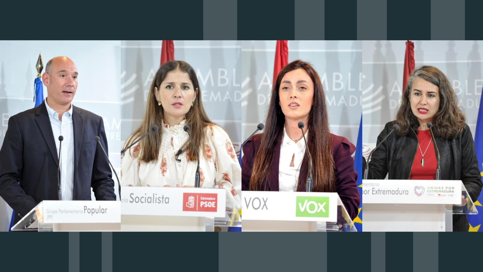José Ángel Sánchez Juliá (PP), Isabel Gil Rosiña (PSOE), Inés Checa (VOX), Irene de Miguel (Unidas por Extremadura)