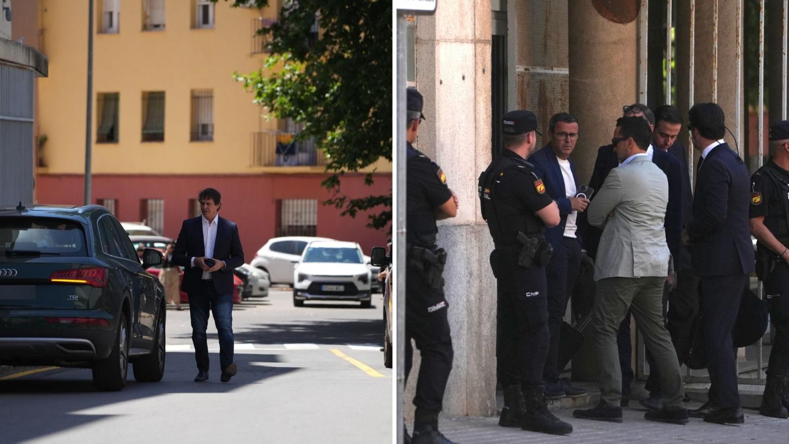 El hermano del presidente, David Sánchez, y el expresidente de la Diputación de Badajoz, Miguel Ángel Gallardo, saliendo de la Audiencia Provincial de Badajoz.