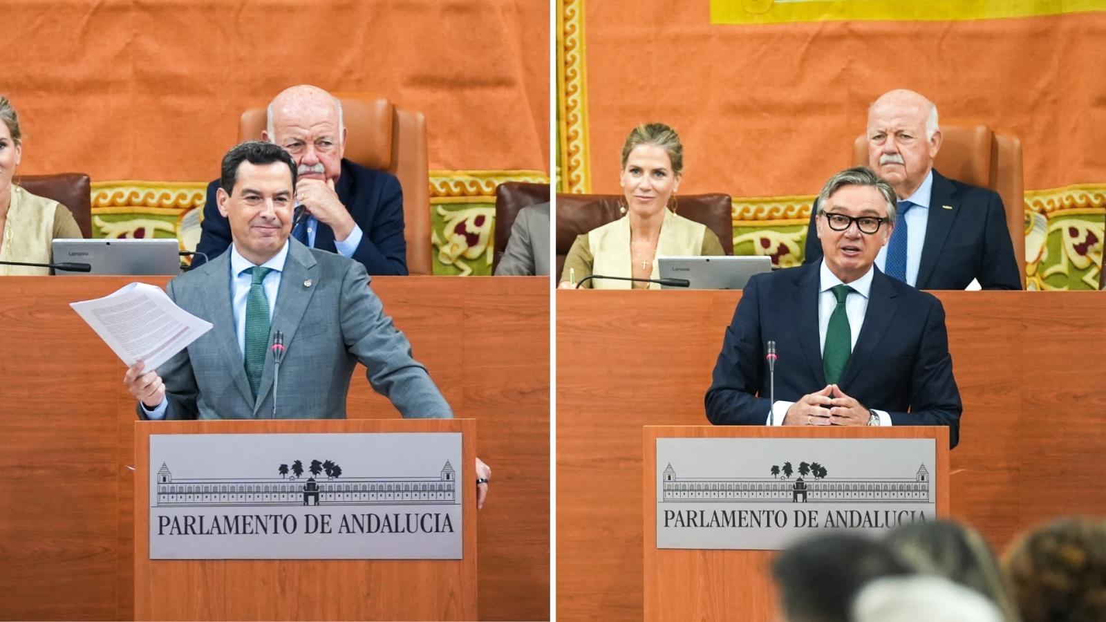 El presidente en funciones de la Junta y candidato del PP a la reelección, Juanma Moreno, y el portavoz del grupo parlamentario Vox en Andalucía, Manuel Gavira.