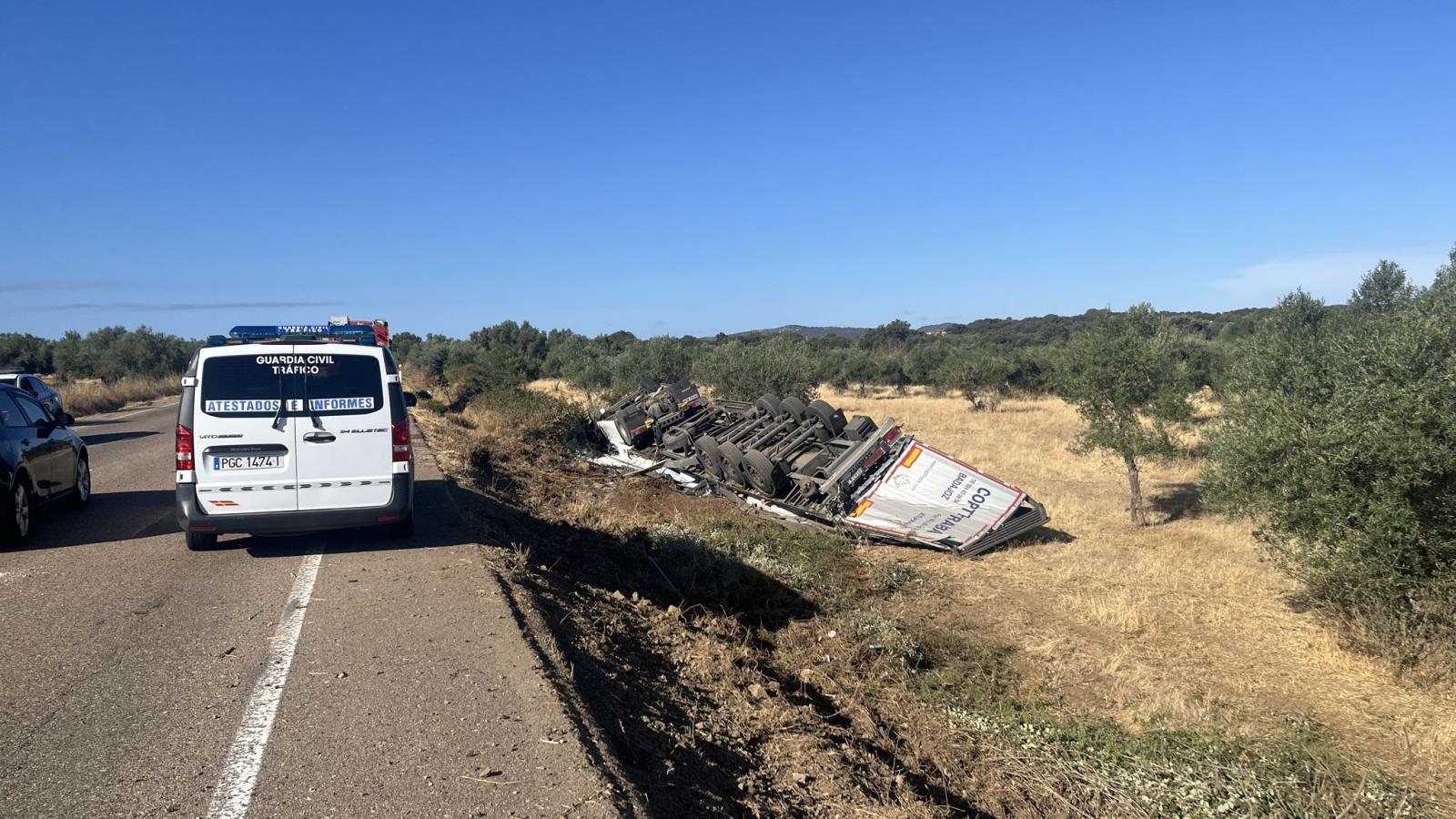 Un camionero resulta herido tras salirse de la la EX-101 en Fregenal de la Sierra