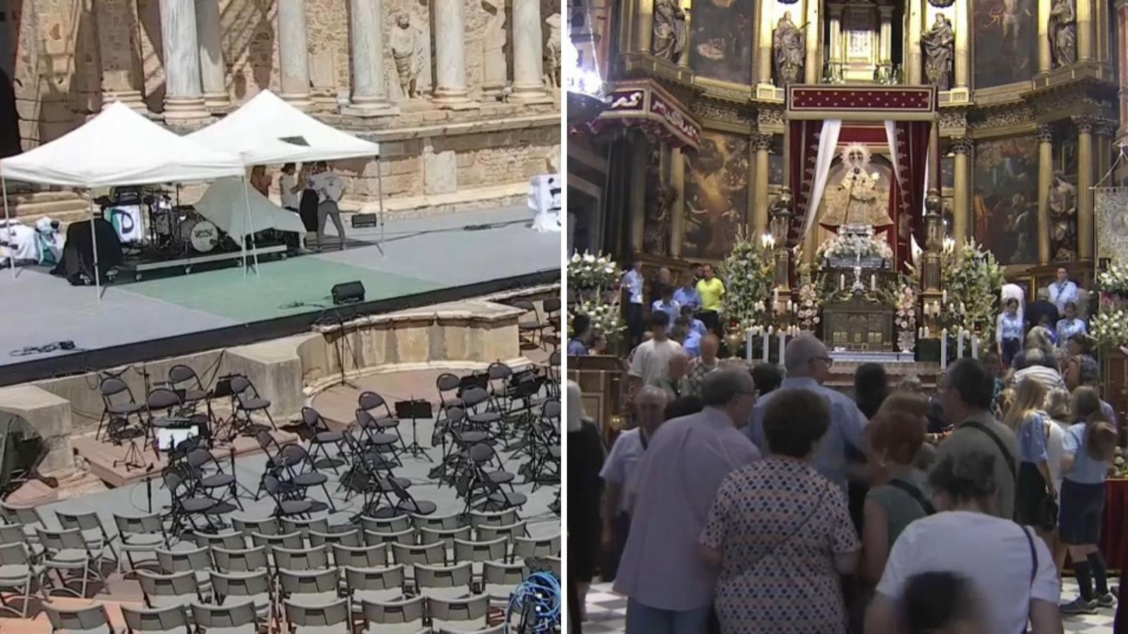 Preparativos en el Teatro Romano de Mérida para la entrega de las Medallas de Extremadura y y peregrinos en el Monasterio de Guadalupe