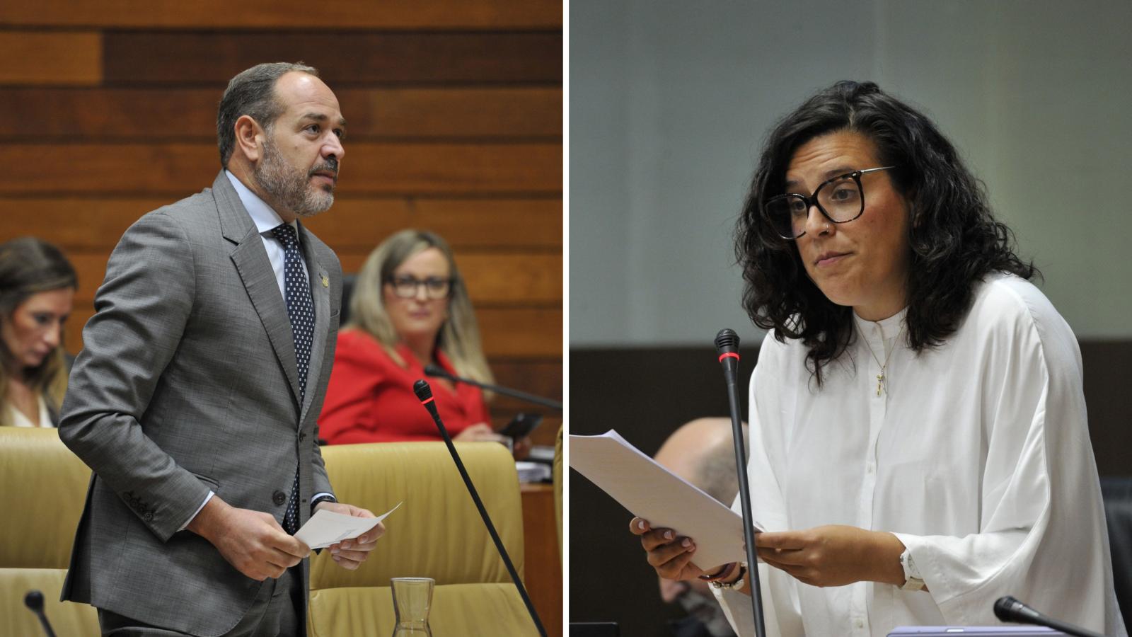 El consejero de Infraestructuras, Transporte y Vivienda de la Junta de Extremadura, Francisco José Ramírez González, y la diputada del Grupo Parlamentario Unidas por Extremadura, Alba Soto, durante sus intervenciones en el pleno de la Asamblea. 